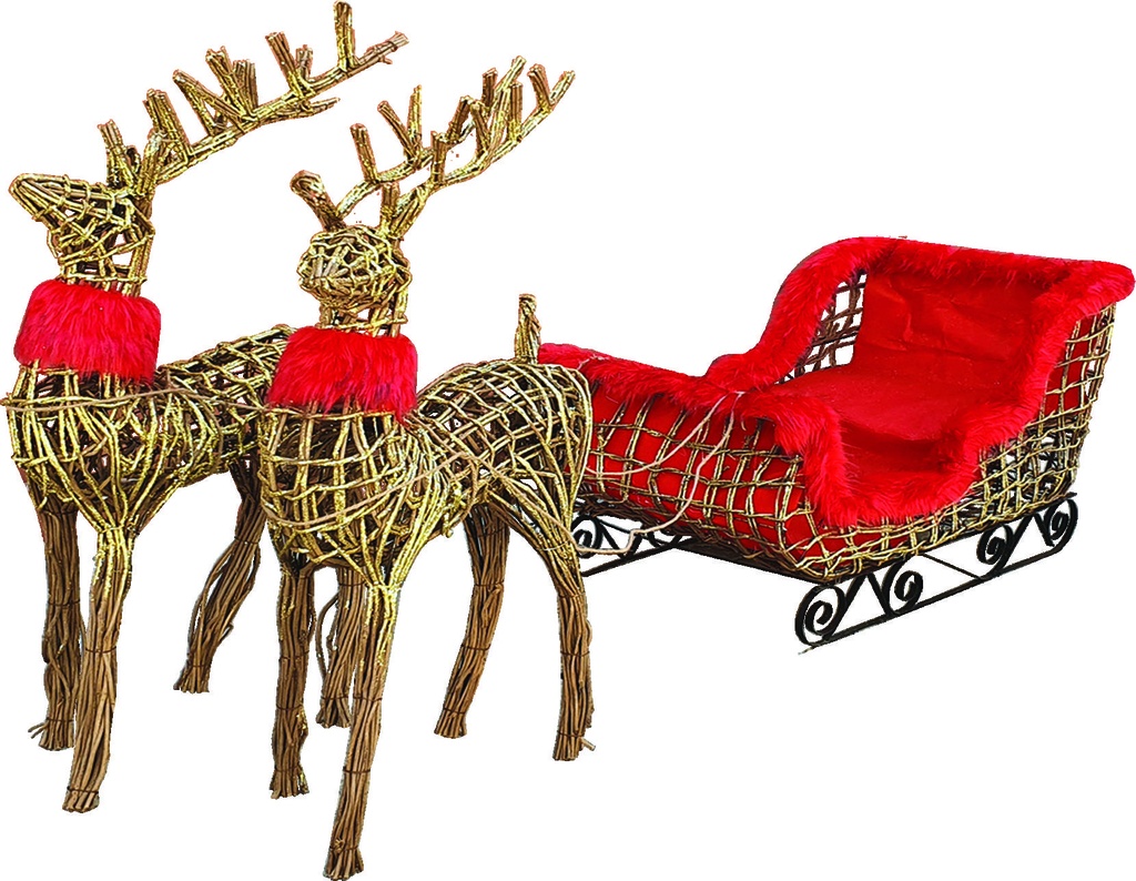 Two Wireframe Deer Pulling Fur-lined Sleigh, 1.2m