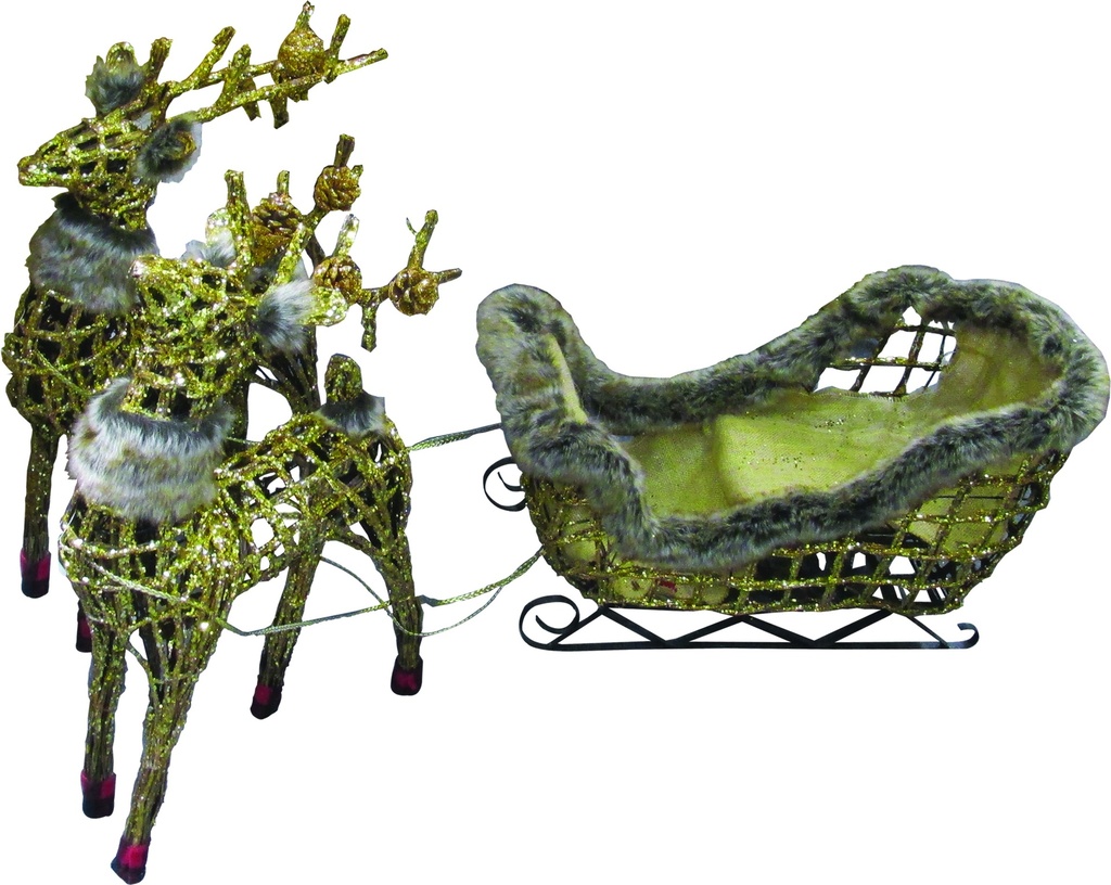 Wireframe Deer Pair Pulling Fur-Lined Sleigh, 1.1m