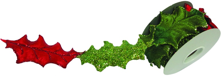 Glittered Holly Leaf Ribbon Roll, 2.7m