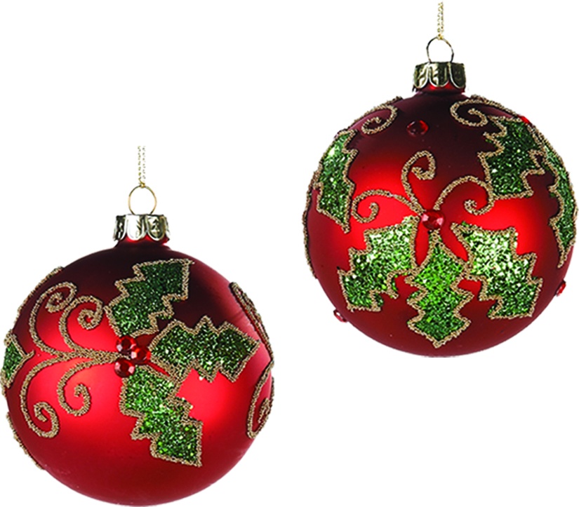 Glass Holly Glitter Ball, 8cm