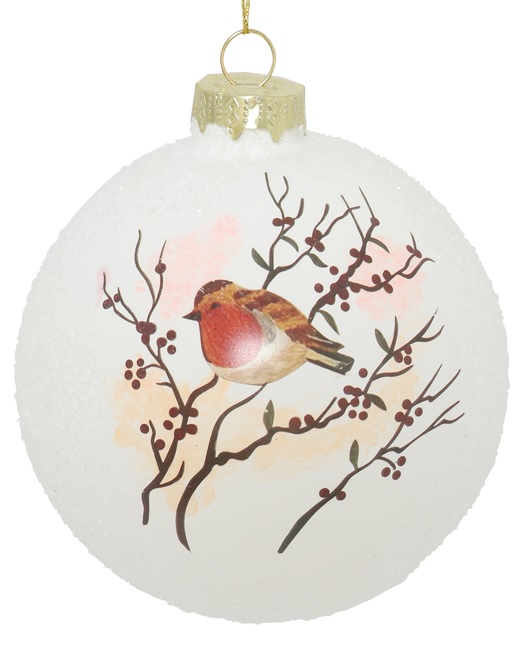 Glass Ball Robin Branch, 10cm