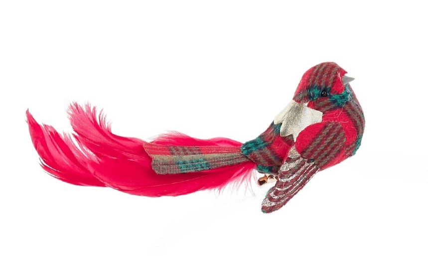 Fabric Tartan Plume Bird On Clip, 20cm