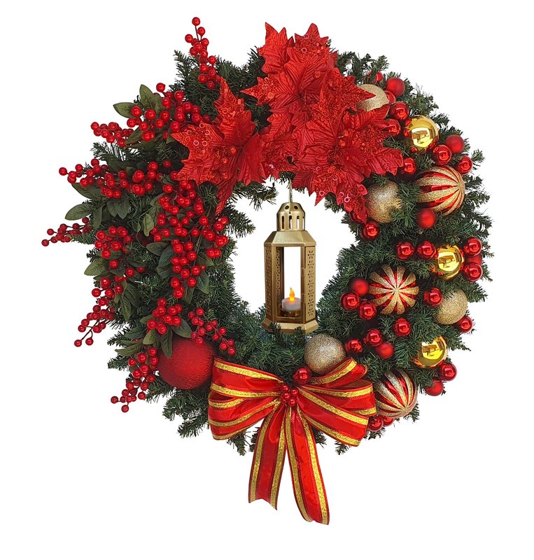 Decorated Wreath Lantern Poinsettia, 30"