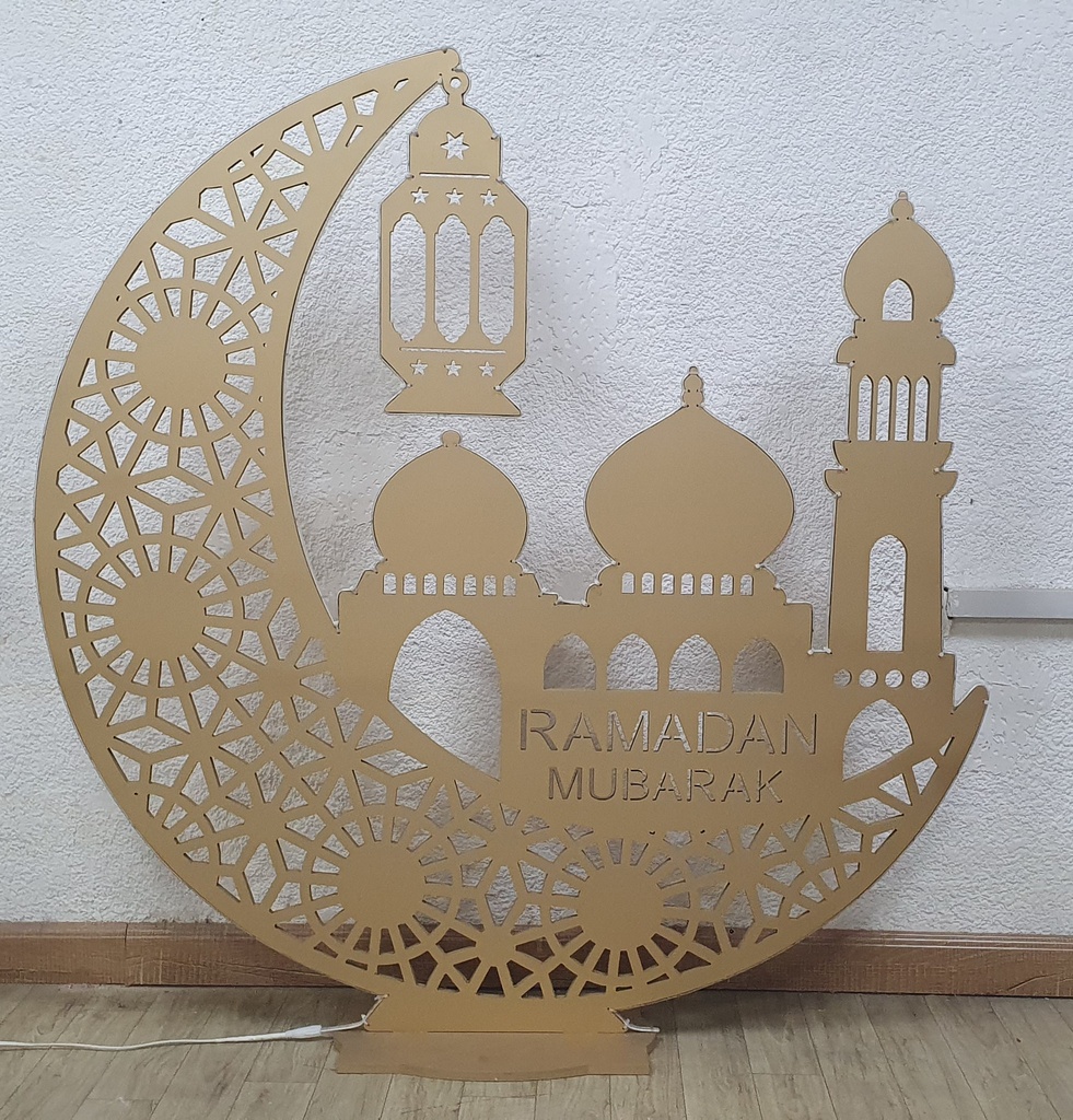 Illuminated Wooden Ramadan Crescent, 90cm