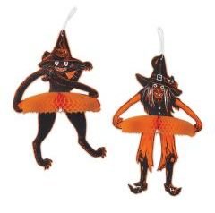 [00635] Vintage Halloween Jointed Witch & Cat